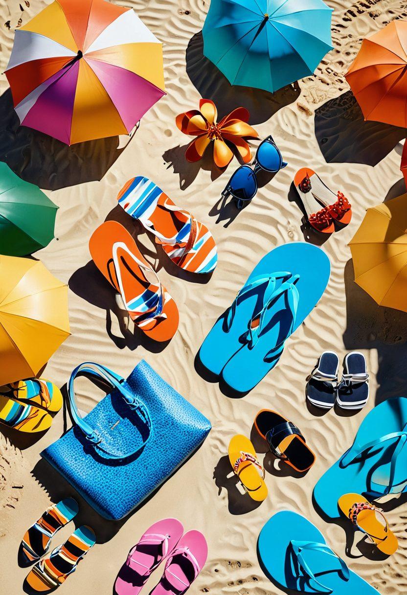 A vibrant beach scene showcasing a variety of stylish footwear expertly paired with colorful swimwear. Models of diverse backgrounds pose on sandy shores, highlighting flip-flops, slides, and strappy sandals. The backdrop features bright umbrellas, ocean waves, and beachgoers, all under a sunny sky. Include trendy accessories like sunglasses and beach bags to complement the fashion. super-realistic. vibrant colors. beach setting.