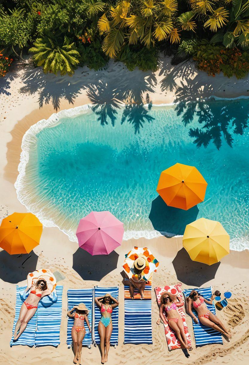 A stylish beach scene featuring a diverse group of sunbathers showcasing trendy swimwear, colorful beach umbrellas, and vibrant tropical plants. The sunlight sparkles on the water, adding a summery vibe, while fashion elements like sunglasses and beach hats accentuate the chic aspect. Incorporate fun beach accessories like towels and bags for a playful touch. watercolor style. bright colors. warm tones.